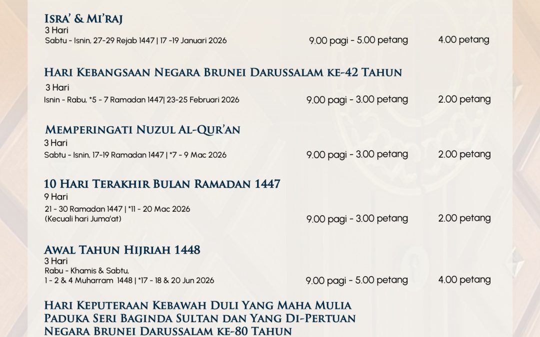 WAKTU PEMBUKAAN BILIK RAMBUT MULIA RASULULLAH BAGI 2026